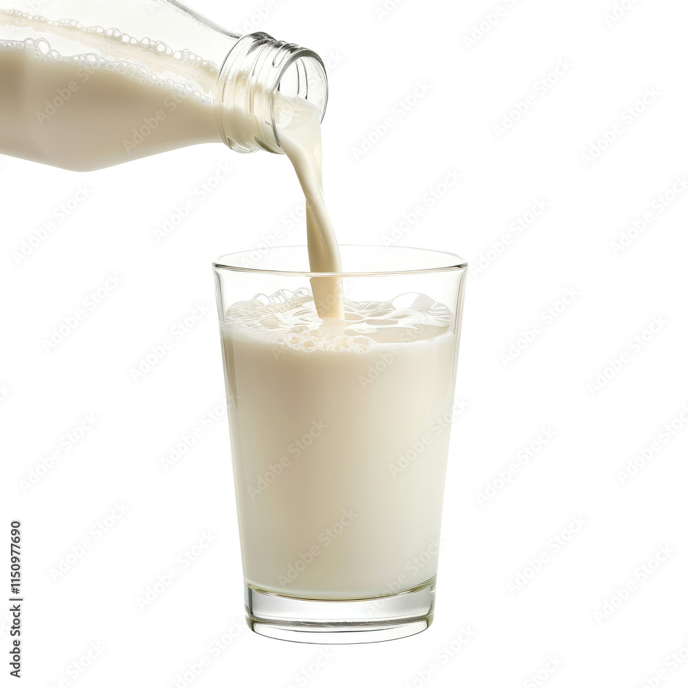 Pouring milk from bottle in a glass isolated on white background, clipping path Pouring milk from bottle in a glass isolated on white background, clipping path
