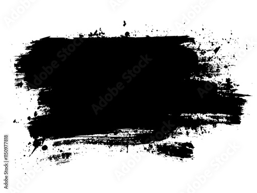 Bold Black Brushstroke Grunge Rectangle, Rough black brushstroke in a rectangular shape on white background, ideal for grunge design, abstract art, or creative layouts.

