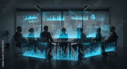 Business Team Meeting Data Analysis Tech Graphs Charts Meeting Room Modern Office Futuristic