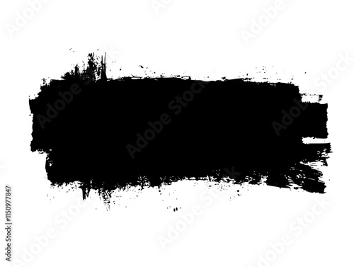 Bold Black Brushstroke Grunge Rectangle, Rough black brushstroke in a rectangular shape on white background, ideal for grunge design, abstract art, or creative layouts.

