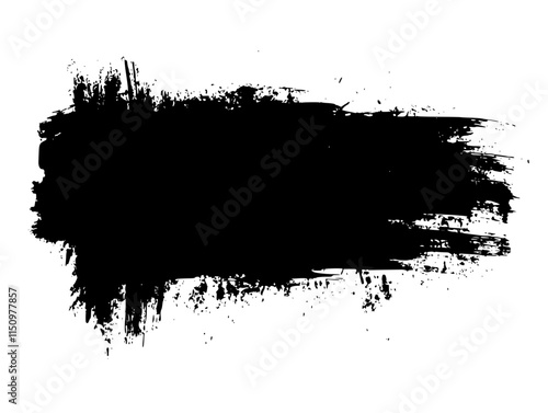Bold Black Brushstroke Grunge Rectangle, Rough black brushstroke in a rectangular shape on white background, ideal for grunge design, abstract art, or creative layouts.

