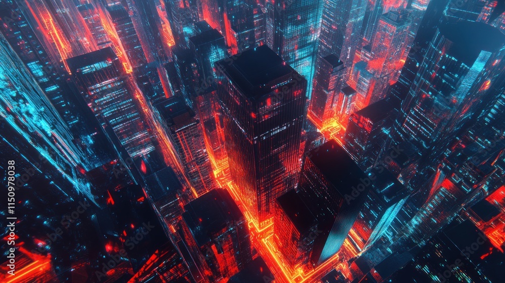 Fototapeta premium Cyberpunk Cityscape: Aerial View of a Futuristic Metropolis at Night