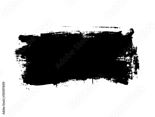 Bold Black Brushstroke Grunge Rectangle, Rough black brushstroke in a rectangular shape on white background, ideal for grunge design, abstract art, or creative layouts.

