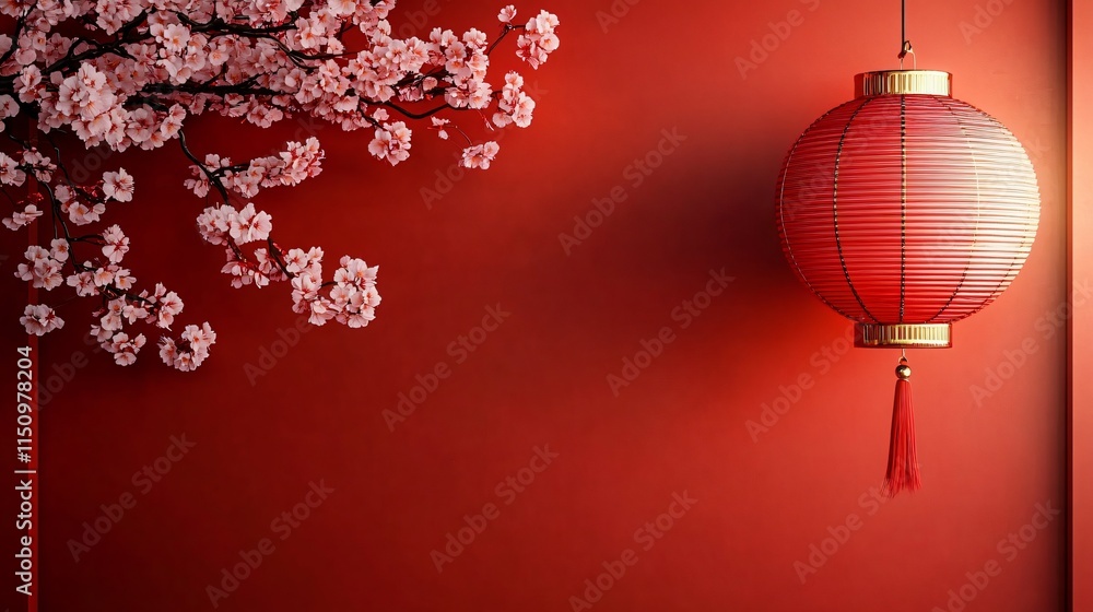Obraz premium Celebrate the auspicious Chinese New Year with this serene image of cherry blossoms and a traditional lantern on a vibrant red backdrop, perfect for festive invitations.