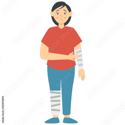 Woman with Pain and Injury. Vector Character Isolated on White Background