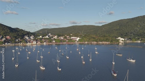 Brazil view of many sailing boats on the coast of Santo Antonio de Lisboa on a sunny day, dolly shot forward, copy space photo