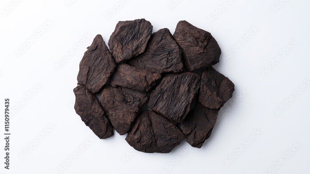 Obraz premium A cluster of dark, textured pieces resembling dried fruit or natural material, arranged on a white surface.