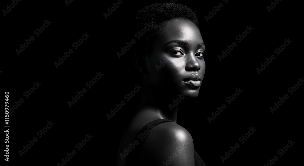 A monochromatic portrait of a confident individual against a dark background. A monochromatic portrait of a confident individual against a dark background.