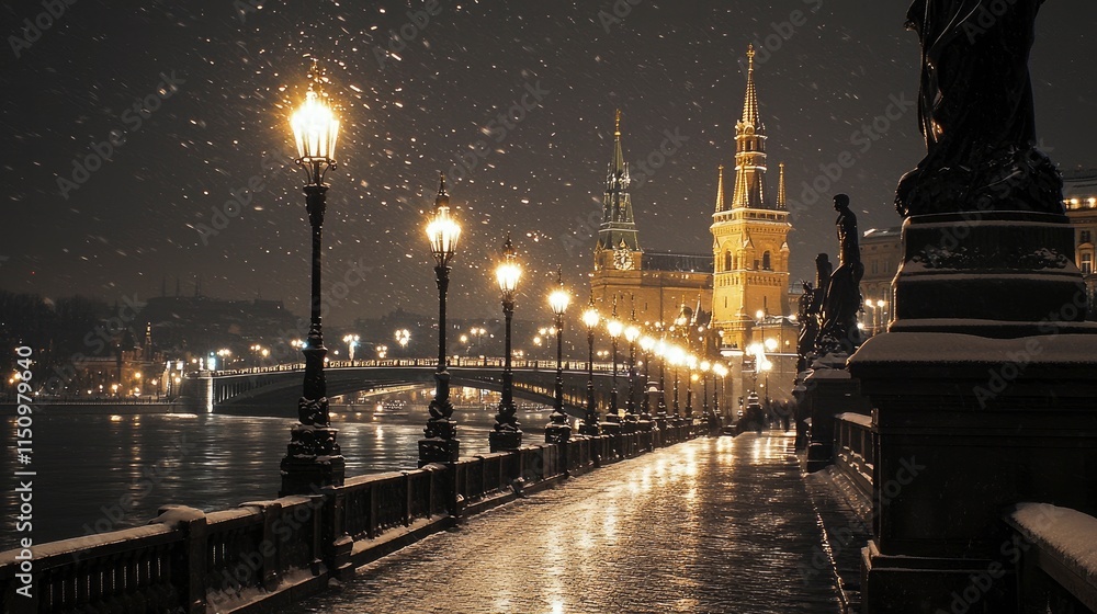 Fototapeta premium Snowfall over a Romantic Cityscape at Night