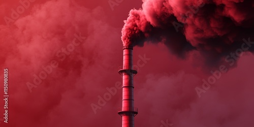 PM2.5 concentrations. A smokestack emits thick, dark smoke against a striking red backdrop, highlighting concerns about pollution and environmental impact. photo