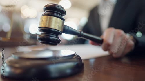 A person is holding a gavel and standing in front of a judge's bench. The person appears to be a judge or a lawyer, and the scene suggests a formal setting