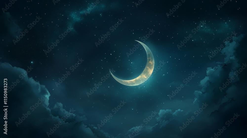 Fototapeta premium A serene night sky featuring a crescent moon surrounded by stars and soft clouds.