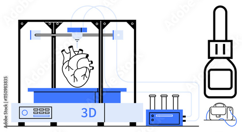 3D printer creating detailed human heart surrounded by bioprinter, lab equipment, and test tubes. Ideal for medical technology, scientific research, biotechnology, healthcare innovation, 3D printing