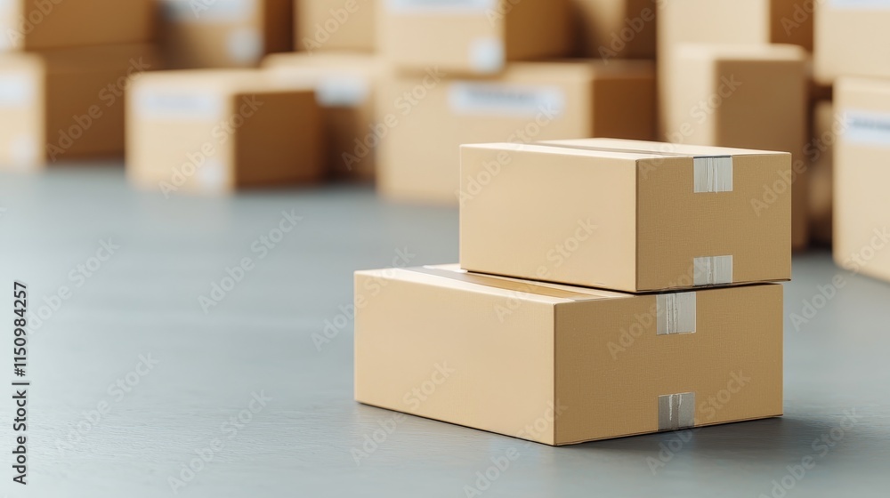 Fototapeta premium Manufacturing on raw material supply. Stacked cardboard boxes on a warehouse floor.