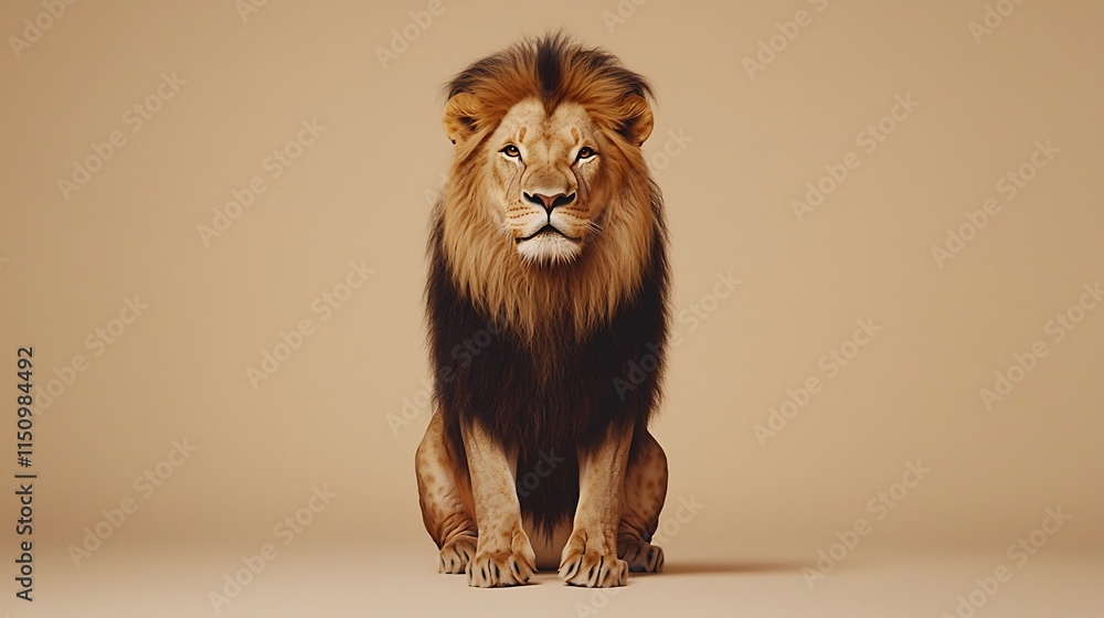 Obraz premium Majestic Lion Sits Majestically on Beige Background,Captivating Intensity Radiates from Its Powerful Presence
