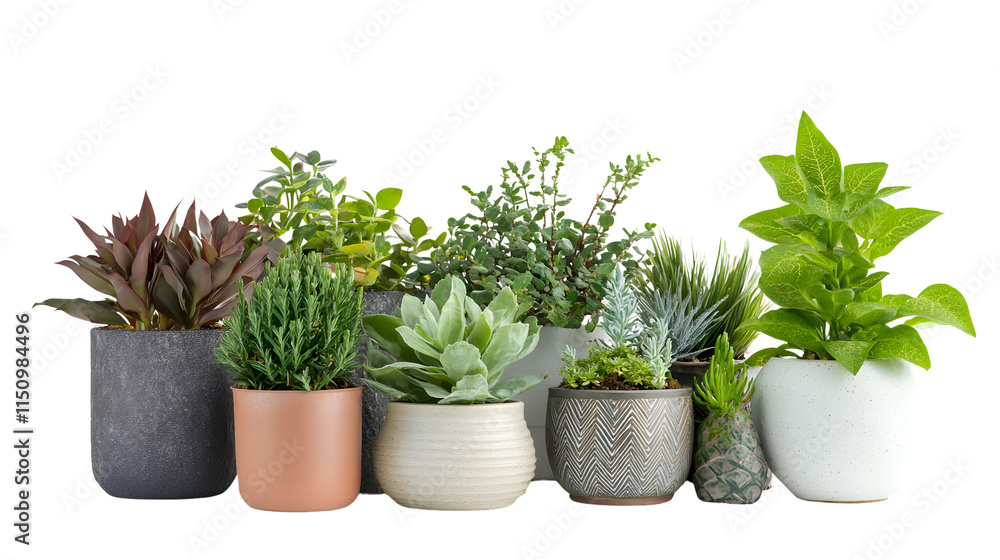 Fototapeta premium A diverse collection of potted succulents and greenery in various textured and colored pots against a stark black background, displaying a modern minimalist aesthetic,