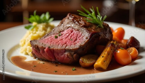 Elegantly Plated Prime Rib with Roasted Vegetables and Mashed Potatoes