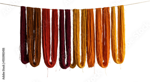 Natural Dyes Used to Colour Silk Yarn, Hanging to Dry After Traditional Dyeing Process on White Background