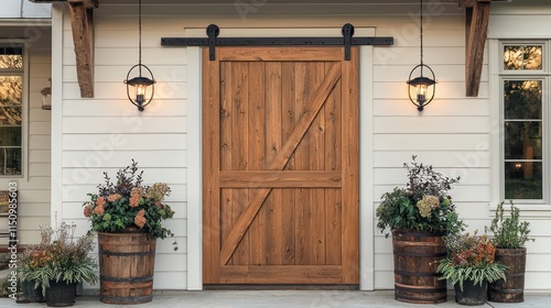 Rustic barn door framed in wood, with a farmhouse exterior, hanging lights, and planters.