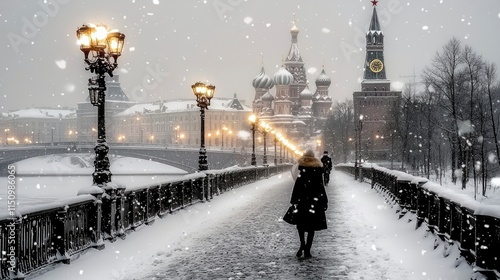 Romantic Winter Snowfall in Moscow, Russia, near St. Basil's Cathedral
