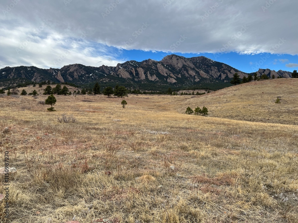 Obraz premium Cloudy winter meadow and Flatirons, Boulder, Colorado,mountains,Rocky mountains