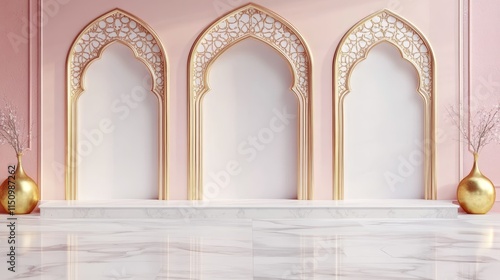 Elegant interior with arched niches and decorative vases, suitable for events or displays.