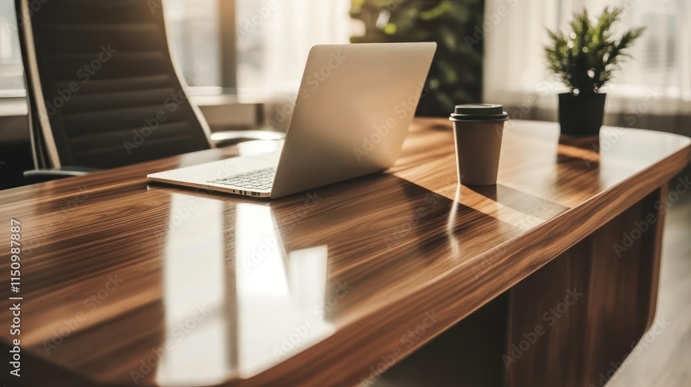 Modern Office Desk Laptop Coffee Plant Sunlight Modern Office Desk Laptop Coffee Plant Sunlight