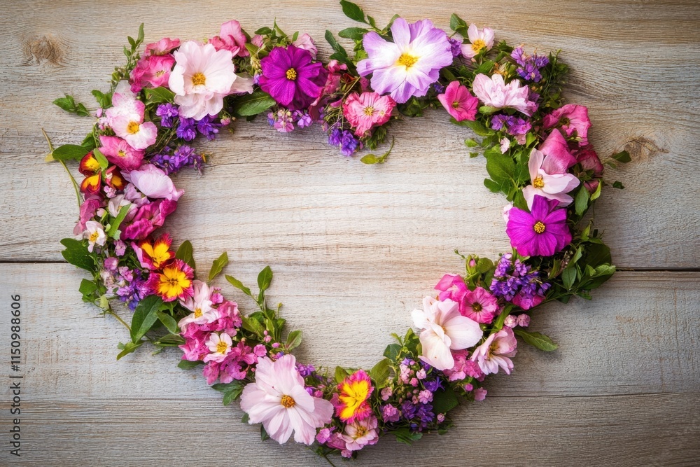 Heart shaped of flowers on wooden background Heart shaped of flowers on wooden background