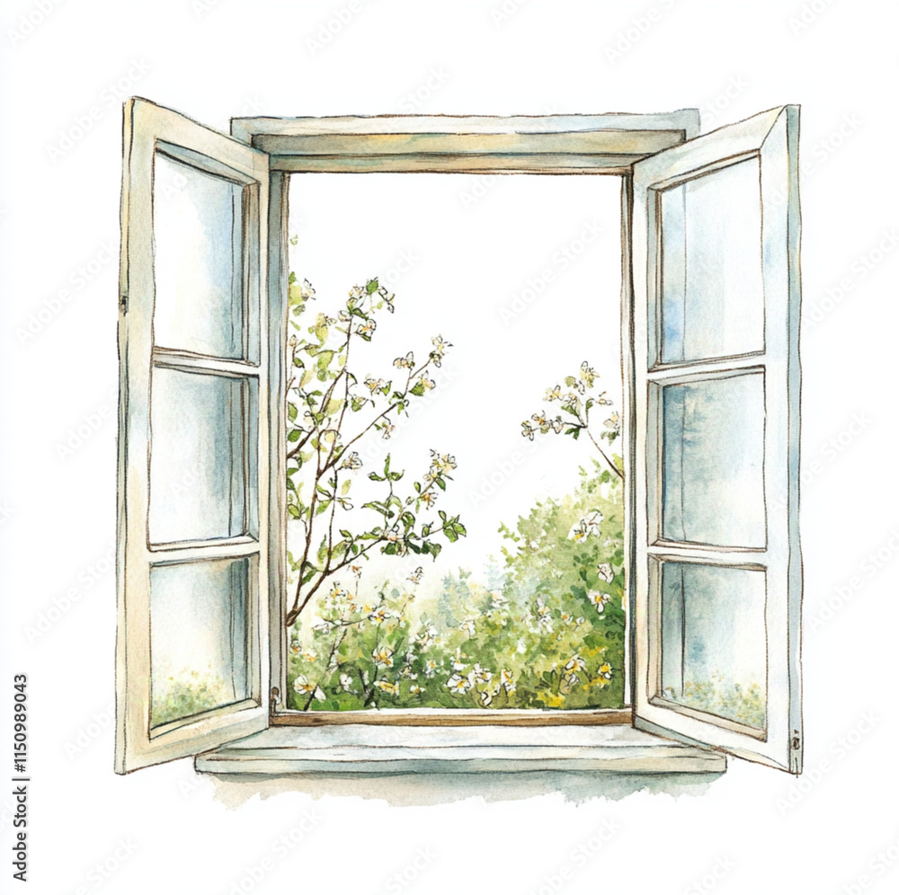 Obraz premium a watercolour drawing of a open window and a ledge inside the window, white background