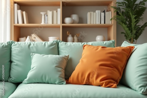  Mint-green sofa serves as a neutral backdrop to vibrant orange pillows in the Scandinavian living room