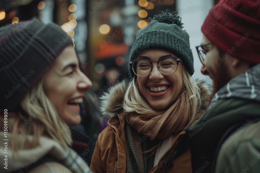 Group of friends having fun in the city on a winter day. Group of friends having fun in the city on a winter day.