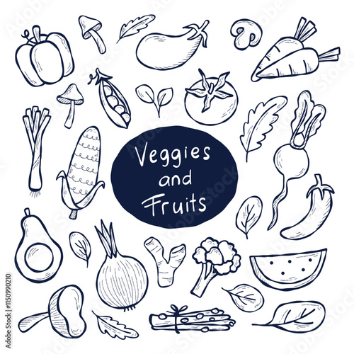 Doodle Vegetables Food and Fruits Hand Drawn