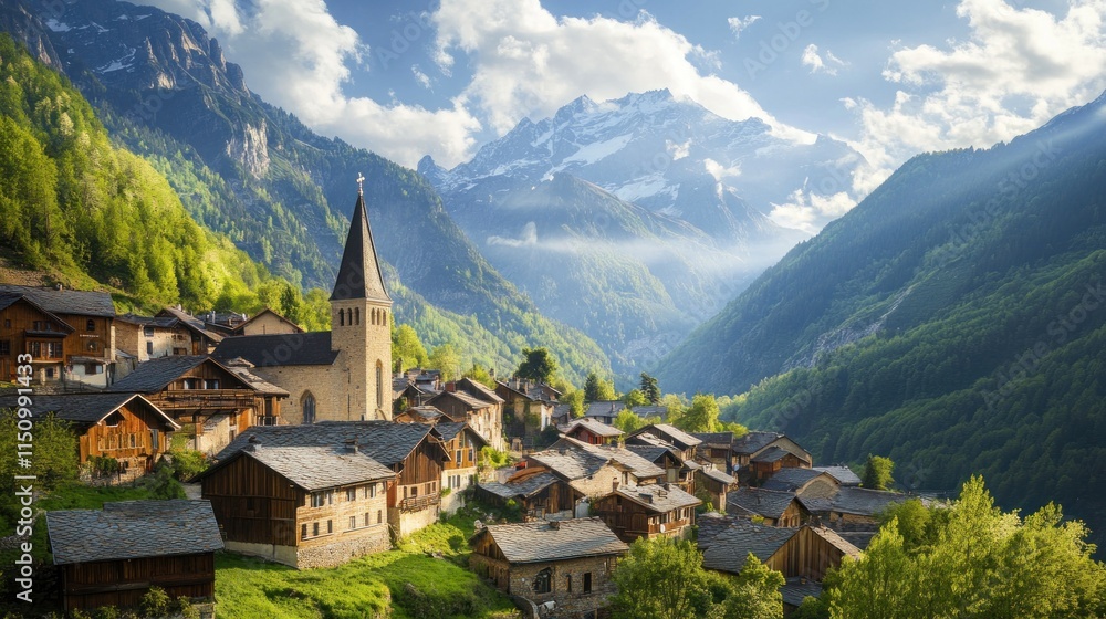 Alpine Village nestled in the French Alps, a picturesque scene of charming houses, a church steeple, and majestic mountains under a sunny sky. Alpine Village nestled in the French Alps, a picturesque scene of charming houses, a church steeple, and majestic mountains under a sunny sky.
