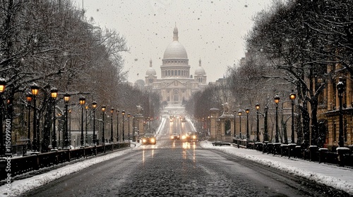 Parisian Winter Wonderland Snowfall on a Scenic Street Leading to the Sacr�-C�ur Basilica photo