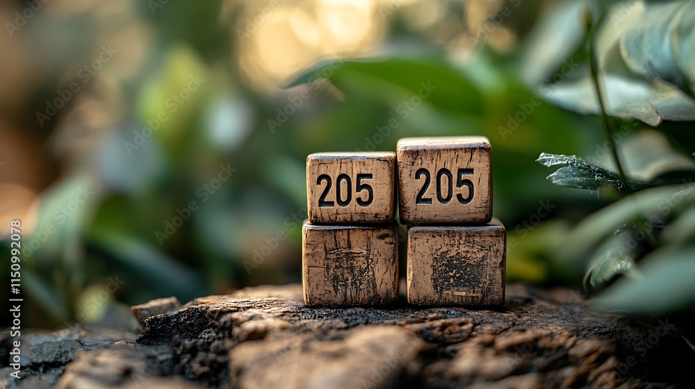 The word 205 is written on three wooden cubes The word 205 is written on three wooden cubes