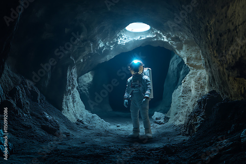 Astronaut Exploring a Mysterious Lunar Cave photo