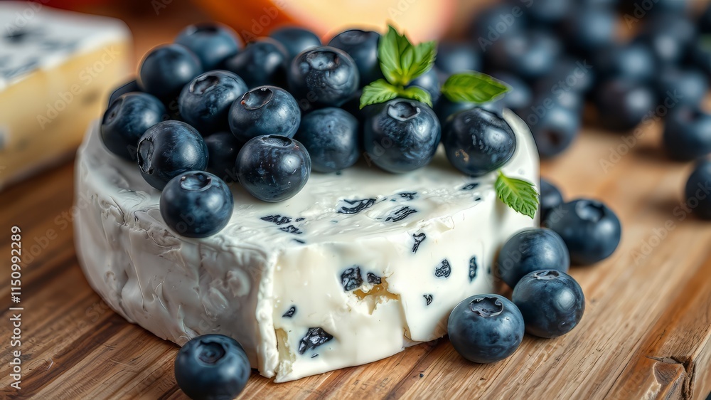 Brie with Blue Mold & Blueberries - Gourmet Cheese Still Life Brie with Blue Mold & Blueberries - Gourmet Cheese Still Life