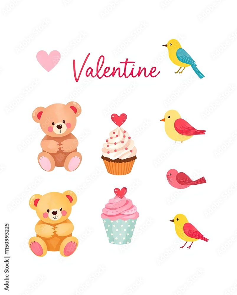 Fototapeta premium A pastel-themed Valentine icon set with teddy bears, cupcakes, and lovebirds.