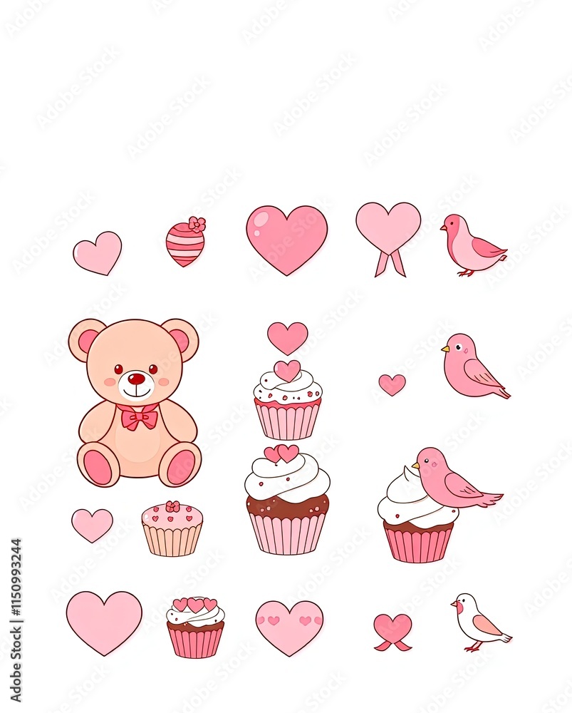 Fototapeta premium A pastel-themed Valentine icon set with teddy bears, cupcakes, and lovebirds.