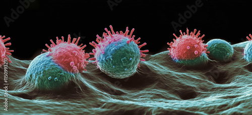 Close up of H9 T cells attacking green and pink cells, showcasing immune response photo