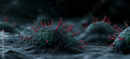 Close up of H9 T cells attacking green cells, showcasing dynamic immune response photo