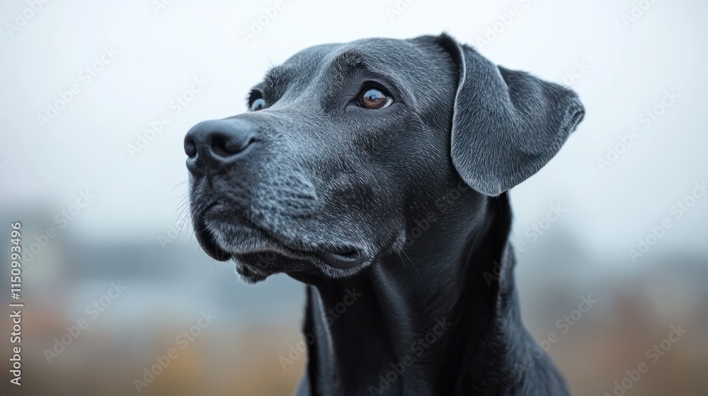 Close-up portrait of a senior blue-gray Labrador Retriever dog looking up, outdoors on a foggy day. Close-up portrait of a senior blue-gray Labrador Retriever dog looking up, outdoors on a foggy day.