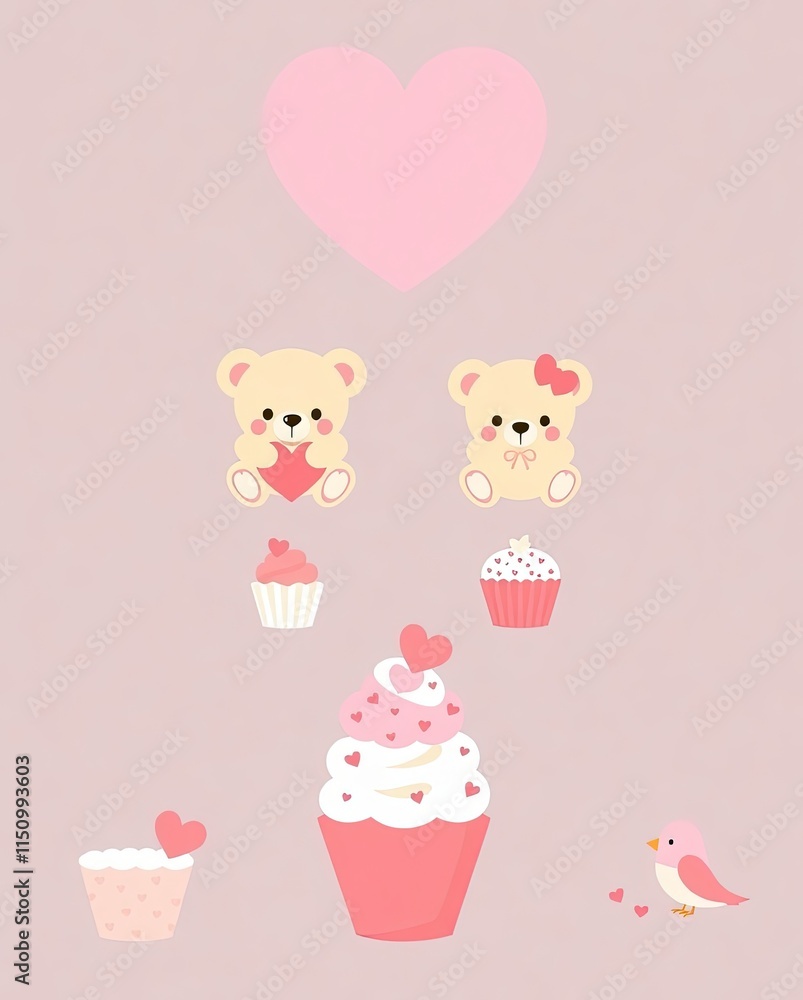 A pastel-themed Valentine icon set with teddy bears, cupcakes, and lovebirds.