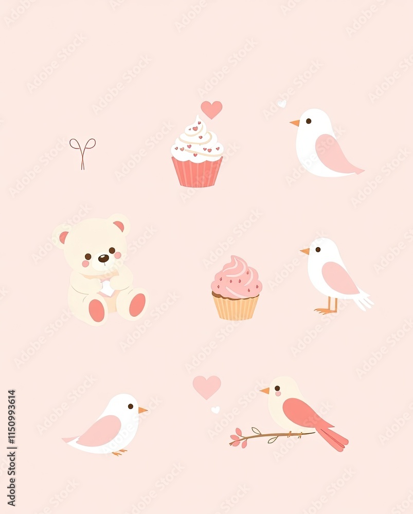 Fototapeta premium A pastel-themed Valentine icon set with teddy bears, cupcakes, and lovebirds.
