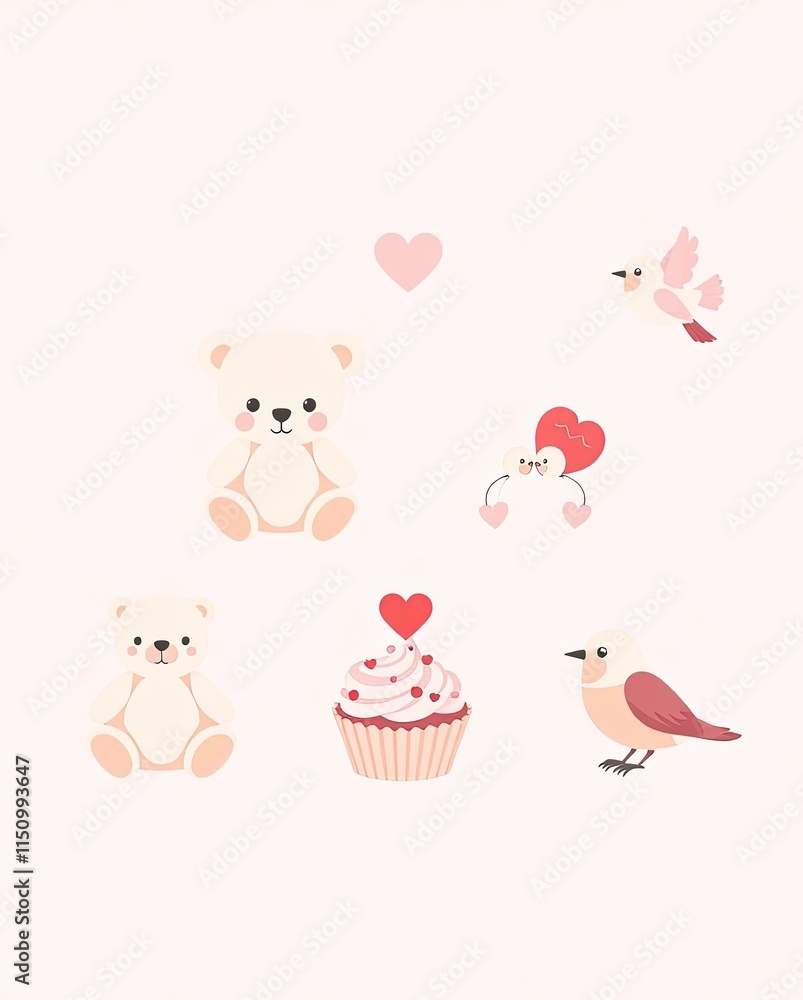 Fototapeta premium A pastel-themed Valentine icon set with teddy bears, cupcakes, and lovebirds.