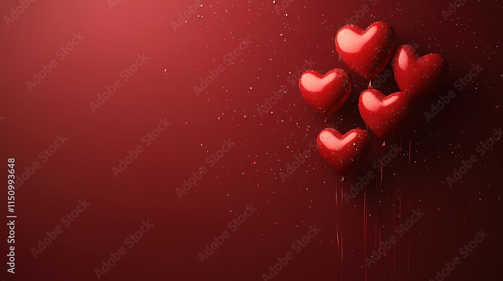 Red Heart Balloons Floating Against Dark Red Background Red Heart Balloons Floating Against Dark Red Background