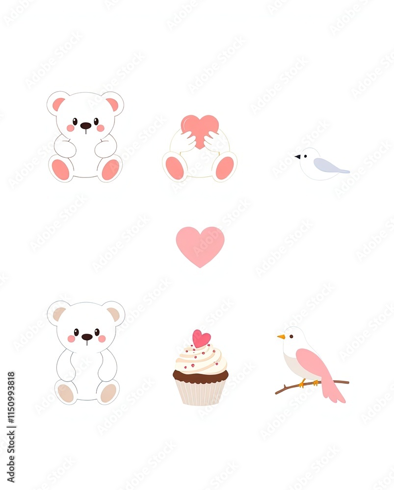 Obraz premium A pastel-themed Valentine icon set with teddy bears, cupcakes, and lovebirds.