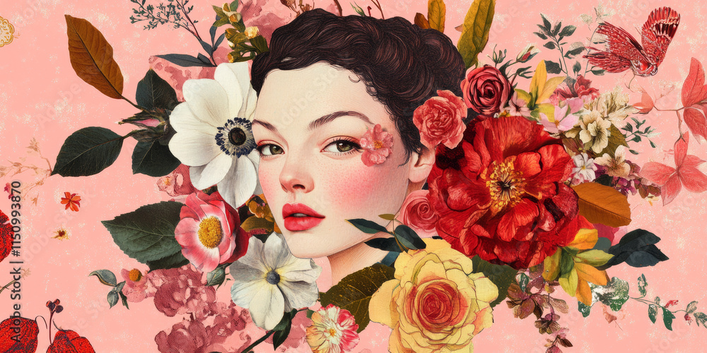 beautiful womans face surrounded by vibrant flowers and foliage beautiful womans face surrounded by vibrant flowers and foliage