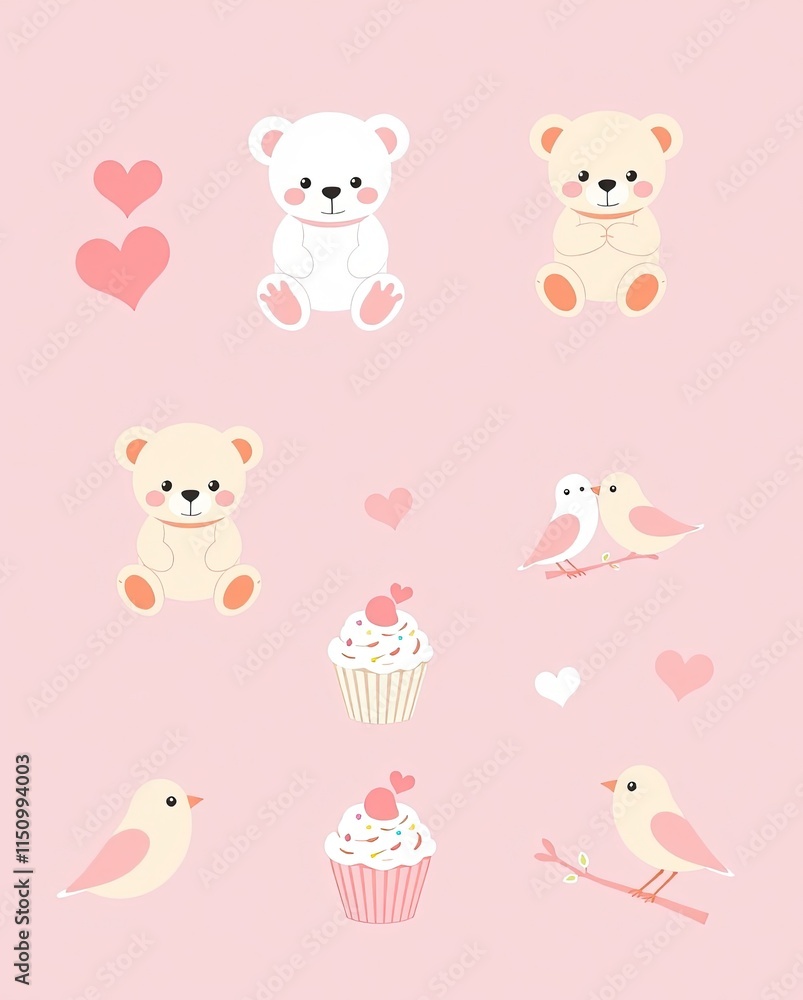 A pastel-themed Valentine icon set with teddy bears, cupcakes, and lovebirds. A pastel-themed Valentine icon set with teddy bears, cupcakes, and lovebirds.