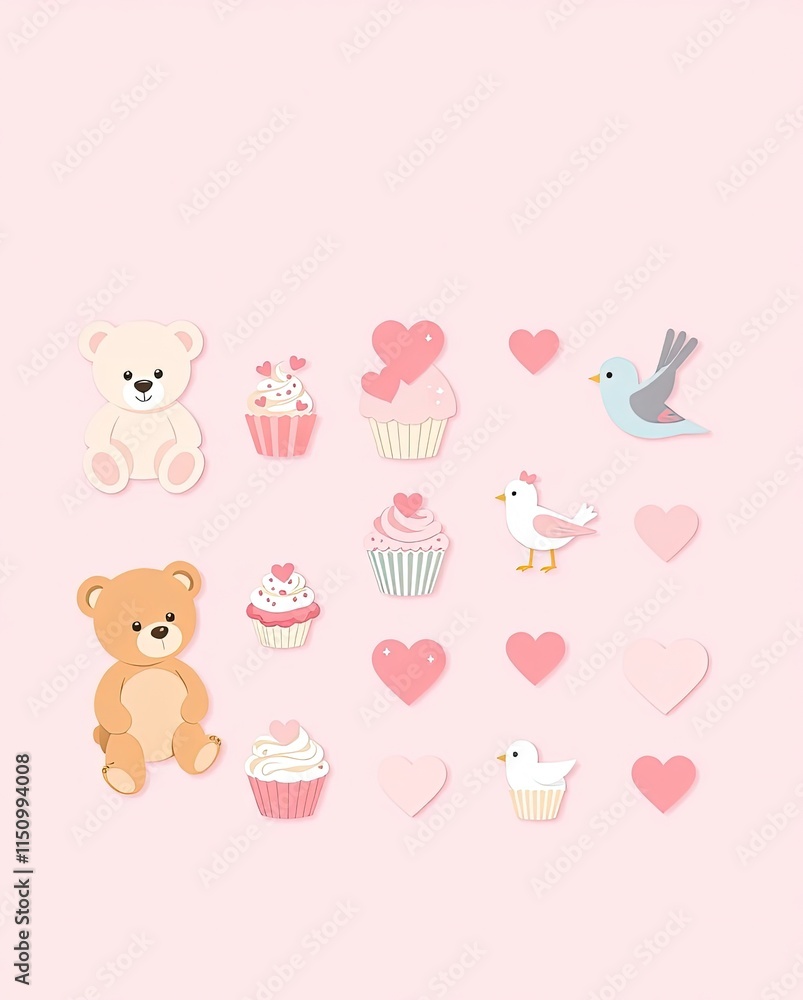 Fototapeta premium A pastel-themed Valentine icon set with teddy bears, cupcakes, and lovebirds.